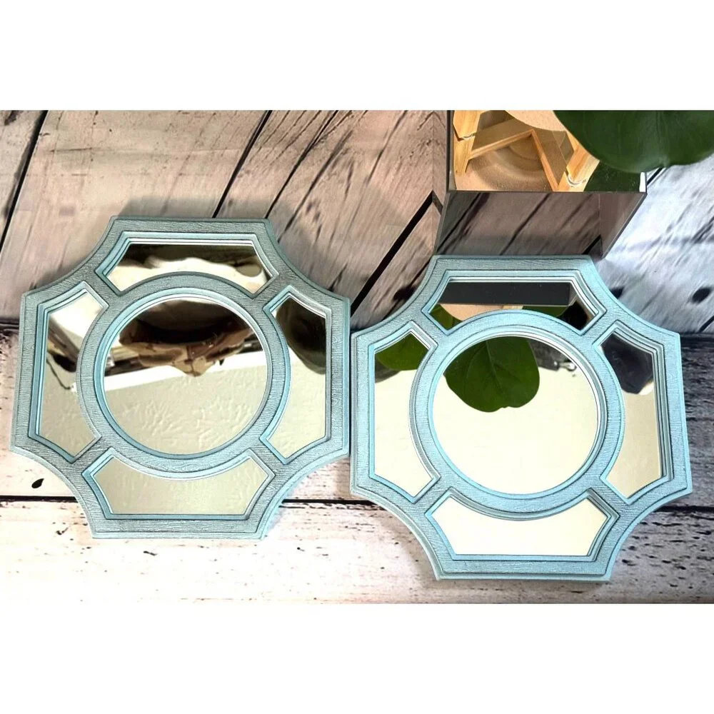 Set Of 2 Light Blue Octagonal Wall Mirrors With Geometric Design